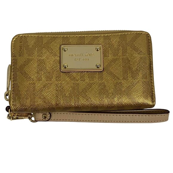 MICHAEL KORS MK Logo Gold Leather Zip Around Jet Set Wallet Wristlet Clutch - Picture 1 of 10